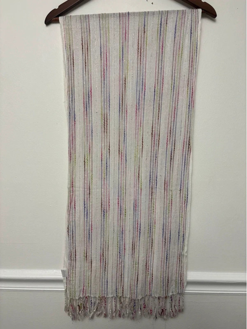 Lightweight White Multicolor Metallic Striped Fringe Scarf Boho Y2K